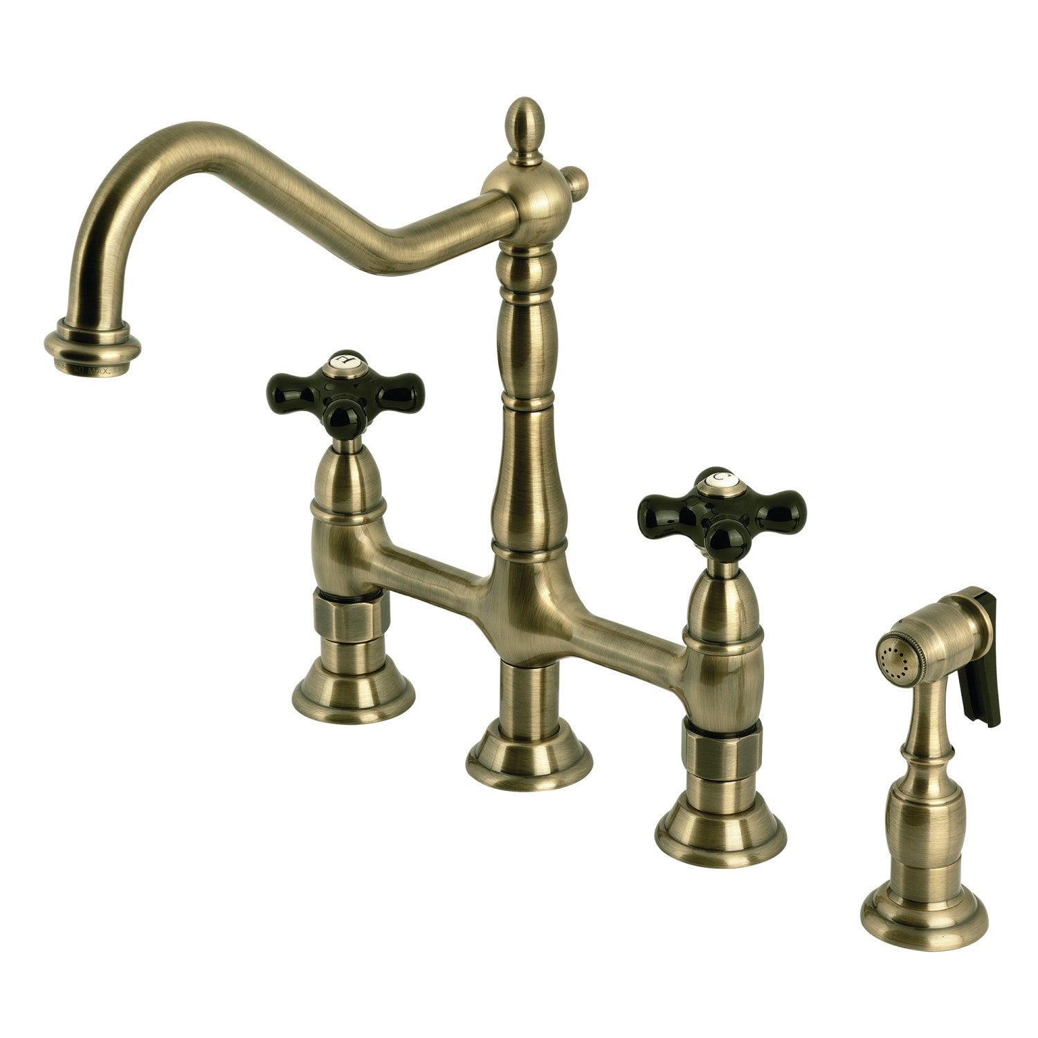 Kingston Heirloom KS1273PKXBS - Duchess Two-Handle 4-Hole Deck Mount Bridge Kitchen Faucet with Brass Sprayer, Antique Brass — image 1
